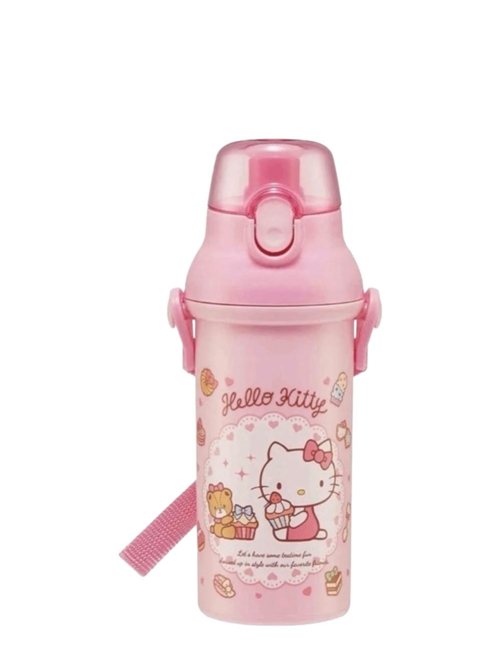Sanrio Hello Kitty 16oz BPA-Free Plastic Water Bottle Push Button Strap NWT Pink
